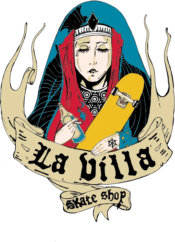 La Villa skate shop tattoo-flash Madonna illustration with blackletter banner